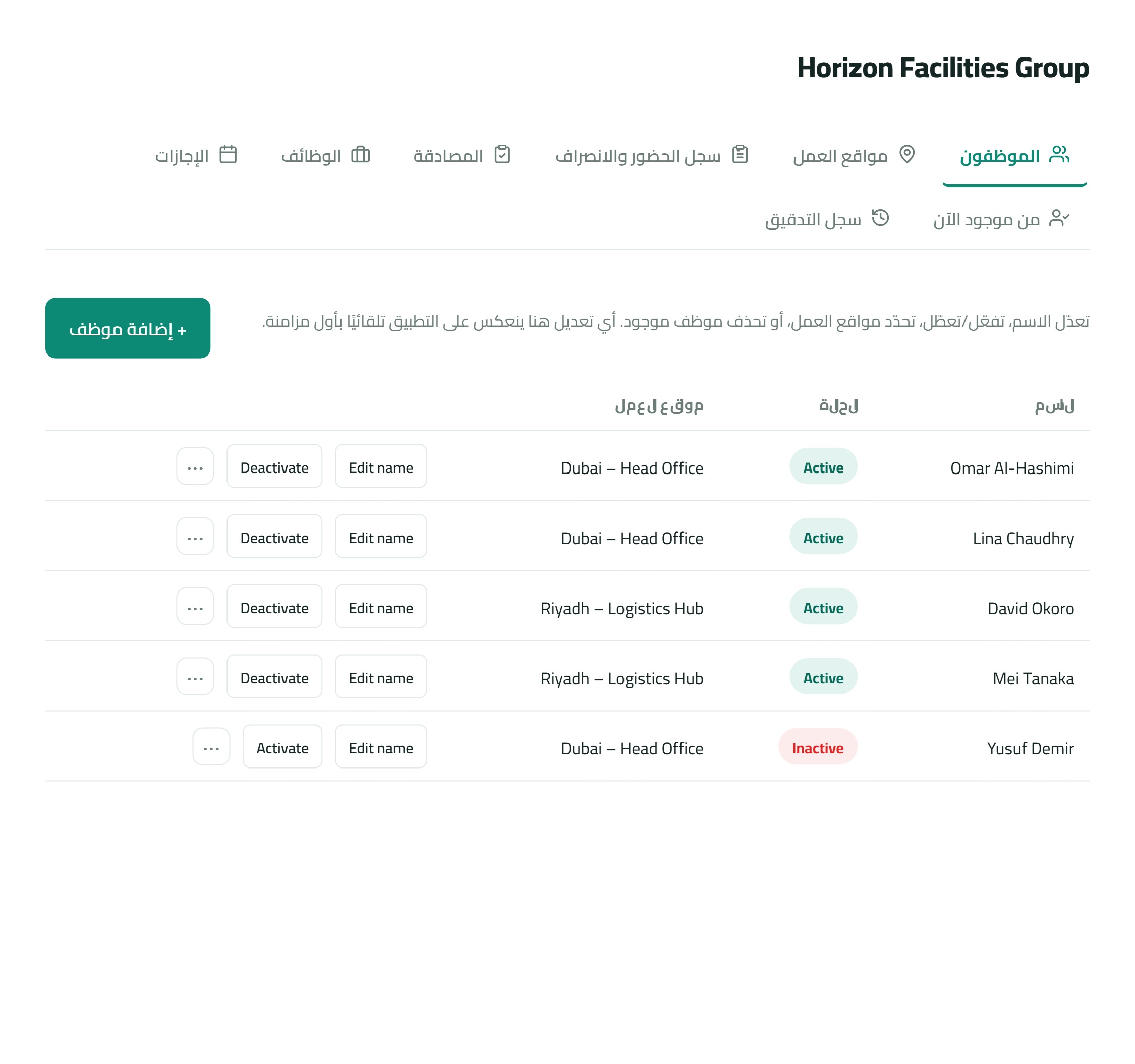 سجل واضح — الاسم، الحالة، والموقع، بضغطة واحدة.