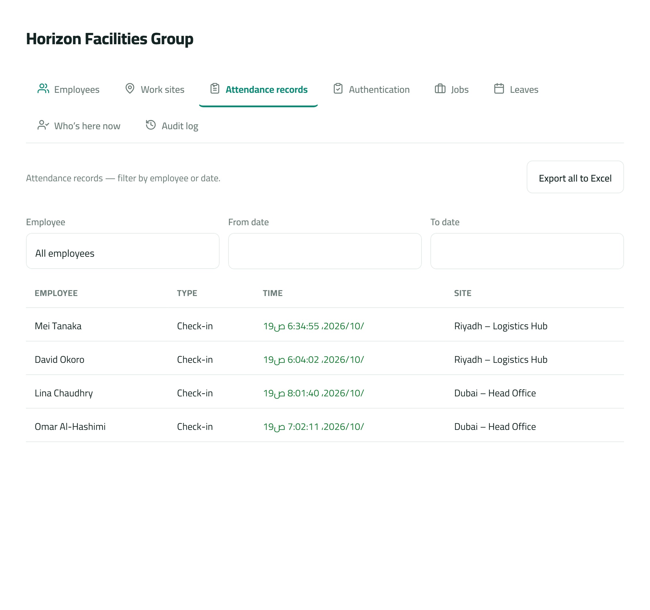 Real-time check-ins across every site, filterable and exportable.